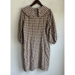 Jessakae Collection Gingham Dress L Ruffle Collar Cottagecore Prairie Brown